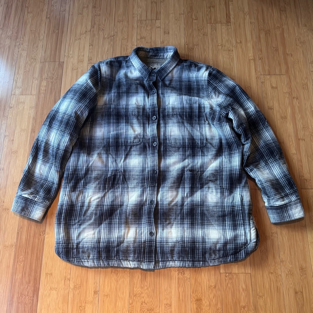 L.L. Bean Heritage Chamois Shirt Sherpa-Lined Shacket Plaid Flannel Black XL